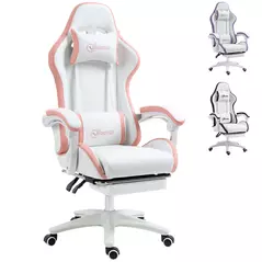 Vinsetto Computer Gaming Chair, PU Leather Office Desk Chair with Footrest, Swivel Wheels, 135° Reclining Back, Lumbar Support, Headrest for Home, White and Pink - 1