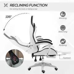 Vinsetto Computer Gaming Chair, PU Leather Office Desk Chair with Footrest, Swivel Wheels, 135° Reclining Back, Lumbar Support, Headrest for Home, White and Black - 5