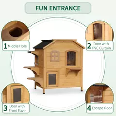 PawHut 2-story Cat House Outdoor, Weatherproof Wooden Cat Enclosure for Feral Cats with Escape Door, Openable Roof, Jumping Platforms, Natural Wood Finish - 5