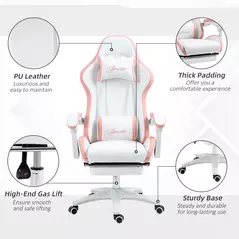 Vinsetto Computer Gaming Chair, PU Leather Office Desk Chair with Footrest, Swivel Wheels, 135° Reclining Back, Lumbar Support, Headrest for Home, White and Pink - 7