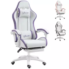 Vinsetto Computer Gaming Chair, PU Leather Office Desk Chair with Footrest, Swivel Wheels, 135° Reclining Back, Lumbar Support, Headrest for Home, White and Purple - 1