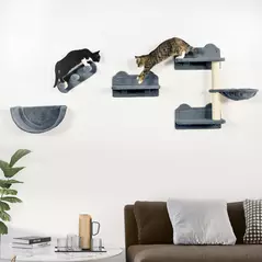 PawHut 4PCs Wall-Mounted Cat Shelves w/ Scratching Post, Hammock, Nest - Grey - 2