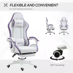 Vinsetto Computer Gaming Chair, PU Leather Office Desk Chair with Footrest, Swivel Wheels, 135° Reclining Back, Lumbar Support, Headrest for Home, White and Purple - 6