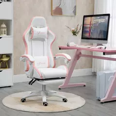 Vinsetto Computer Gaming Chair, PU Leather Office Desk Chair with Footrest, Swivel Wheels, 135° Reclining Back, Lumbar Support, Headrest for Home, White and Pink - 2