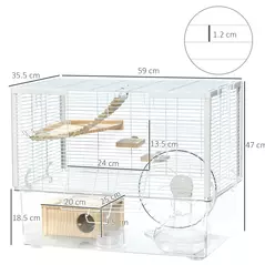 PawHut Hamster Cage, Gerbil Cage with Wooden Ramp, Exercise Wheel, Food Bowl - White - 3