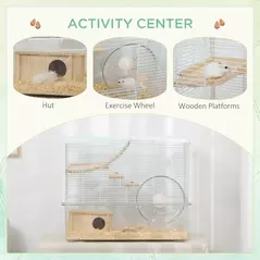 PawHut Hamster Cage, Gerbil Cage with Wooden Ramp, Exercise Wheel, Food Bowl - White - 4