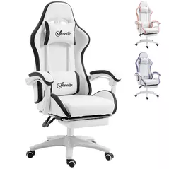 Vinsetto Computer Gaming Chair, PU Leather Office Desk Chair with Footrest, Swivel Wheels, 135° Reclining Back, Lumbar Support, Headrest for Home, White and Black - 1