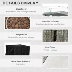 Outsunny Outdoor PE Rattan Gas Fire Pit Table, Patio Square Propane Heater with Rain Cover, Glass Windscreen, and Lava Stone, 50,000 BTU, Grey - 6
