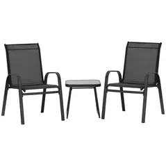 Outsunny 3 Pieces Outdoor Bistro Set, Patio Stackable Armchairs with Breathable Mesh Fabric and SPC Board Coffee Table, Black - 1