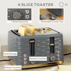 HOMCOM Kettle and Toaster Sets, 3000W 1.7L Rapid Boil Kettle & 4 Slice Toaster with 7 Browning Controls, Defrost, Reheat and Crumb Tray, UK Otter thermostat, Grey - 5
