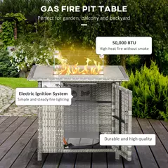 Outsunny Outdoor PE Rattan Gas Fire Pit Table, Patio Square Propane Heater with Rain Cover, Glass Windscreen, and Lava Stone, 50,000 BTU, Grey - 4