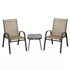 Outsunny 3 Pieces Outdoor Bistro Set, Patio Stackable Armchairs with Breathable Mesh Fabric and SPC Board Coffee Table, Brown - 1