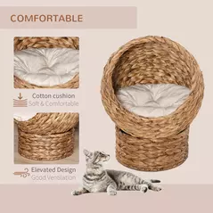 PawHut Wicker Cat Bed, Raised Rattan Cat Basket with Cylindrical Base, Soft Washable Cushion, 50 x 42 x 60 cm - Brown - 4