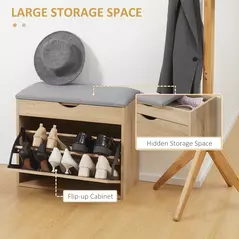 HOMCOM Shoe Bench with Cushion for 4 Pair of Shoes, Storage Bench with Padded Seat, Flip-up Cabinet and Hidden Space for Entryway, Natural - 4