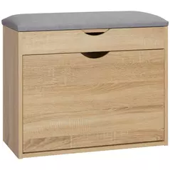 HOMCOM Shoe Bench with Cushion for 4 Pair of Shoes, Storage Bench with Padded Seat, Flip-up Cabinet and Hidden Space for Entryway, Natural - 1