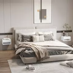 HOMCOM Set of Two Floating Bedside Tables - High Gloss White - 2