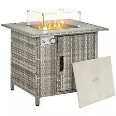 Outsunny Outdoor PE Rattan Gas Fire Pit Table, Patio Square Propane Heater with Rain Cover, Glass Windscreen, and Lava Stone, 50,000 BTU, Grey - 1