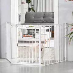 PawHut Pet Safety Gate, 3 Panels Playpen Fireplace, Foldable Metal Fence, Stair Barrier, Room Divider, Fire Guard w/ Automatic Closing Door, White - 2