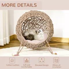 PawHut Wicker Cat Bed, Ball-Shaped Rattan Elevated Cat Basket with Three Tripod Legs, Cushion - Natural Wood Finish - 5
