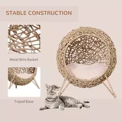 PawHut Wicker Cat Bed, Ball-Shaped Rattan Elevated Cat Basket with Three Tripod Legs, Cushion - Natural Wood Finish - 4