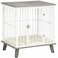 PawHut Dog Crate Furniture, Indoor Pet Kennel Cage, Top End Table w/ Soft Cushion, Lockable Door, for Small Dogs, 64.5 x 48 x 70.5 cm - Grey - 1