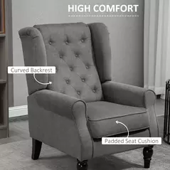 HOMCOM Retro Accent Chair, Snow Flannel Wingback Armchair with Wood Frame Button Tufted Design for Living Room Bedroom, Dark Grey - 5