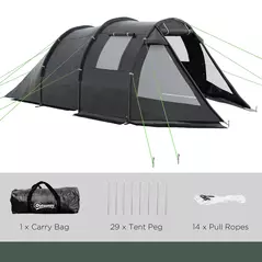 Outsunny 3-4 Man Tunnel Tent, Two Room Camping Tent with Windows, Portable Carry Bag, for Fishing, Hiking, Sports, Festival - Black - 7