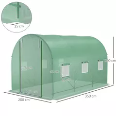 Outsunny 3.5 x 2m Walk-In Polytunnel Greenhouse, with Steel Frame, PE Cover, Roll-Up Door and 6 Windows, Green - 3