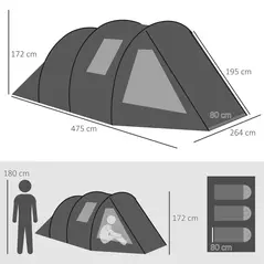 Outsunny 3-4 Man Tunnel Tent, Two Room Camping Tent with Windows, Portable Carry Bag, for Fishing, Hiking, Sports, Festival - Black - 3