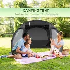 Outsunny 3-4 Man Tunnel Tent, Two Room Camping Tent with Windows, Portable Carry Bag, for Fishing, Hiking, Sports, Festival - Black - 4
