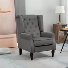 HOMCOM Retro Accent Chair, Snow Flannel Wingback Armchair with Wood Frame Button Tufted Design for Living Room Bedroom, Dark Grey - 2