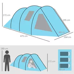 Outsunny 3-4 Man Tunnel Tent, Two Room Camping Tent with Windows, Portable Carry Bag, for Fishing, Hiking, Sports, Festival - Blue - 3