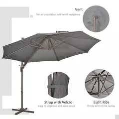 Outsunny 3(m) Cantilever Parasol 360° Rotation Roma Umbrella Hanging Sun Shade with Aluminium Frame, Tilt Crank, 8 Ribs and Cross Base, Dark Grey - 6