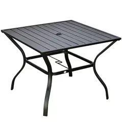 Outsunny 94 x 94 cm Garden Table with Parasol Hole, Outdoor Dining Garden Table for Four with Slatted Metal Plate Top, Black - 1