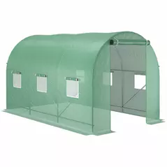 Outsunny 3.5 x 2m Walk-In Polytunnel Greenhouse, with Steel Frame, PE Cover, Roll-Up Door and 6 Windows, Green - 1