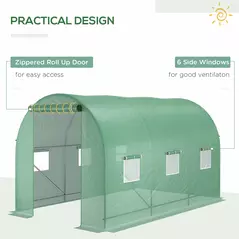 Outsunny 3.5 x 2m Walk-In Polytunnel Greenhouse, with Steel Frame, PE Cover, Roll-Up Door and 6 Windows, Green - 6