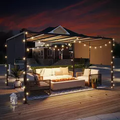Outsunny 3(m) x 4m Metal Pergola with LED Lights, Outdoor Garden Pergola with Sliding Roof, Solar Powered, for BBQ, Lawn, Dark Grey - 2
