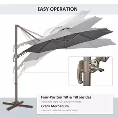 Outsunny 3(m) Cantilever Parasol 360° Rotation Roma Umbrella Hanging Sun Shade with Aluminium Frame, Tilt Crank, 8 Ribs and Cross Base, Dark Grey - 4
