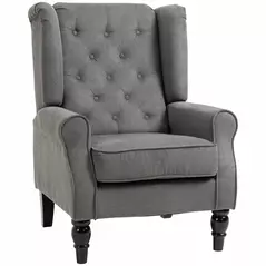 HOMCOM Retro Accent Chair, Snow Flannel Wingback Armchair with Wood Frame Button Tufted Design for Living Room Bedroom, Dark Grey - 1