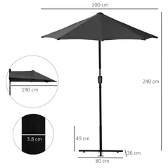 Outsunny 2m Half Parasol Market Umbrella Garden Balcony Parasol with Crank Handle, Base, Double-Sided Canopy, Black - 3