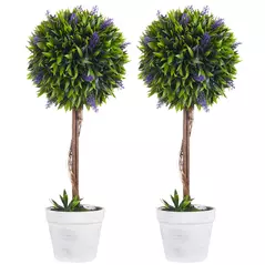 HOMCOM Set of 2 Decorative Artificial Plants Ball Trees with Lavender Flowers in Pot Fake Plants for Home Indoor Outdoor Decor, 60cm, Green - 1