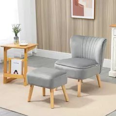 HOMCOM Velvet Accent Chair Occasional Tub Seat Padding Curved Back with Ottoman Wood Frame Legs Home Furniture Light Grey - 2
