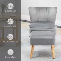 HOMCOM Velvet Accent Chair Occasional Tub Seat Padding Curved Back with Ottoman Wood Frame Legs Home Furniture Light Grey - 6