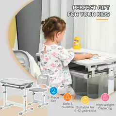HOMCOM Kids Desk and Chair Set, Student Adjustable Writing Desk, with Drawer, Pen Slot, Hook - Grey - 4