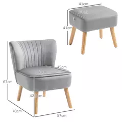 HOMCOM Velvet Accent Chair Occasional Tub Seat Padding Curved Back with Ottoman Wood Frame Legs Home Furniture Light Grey - 3