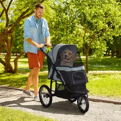 PawHut Foldable Pet stroller, Dog Buggy with Three Wheels, for Small/Medium Dogs, Grey - 2
