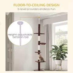 PawHut Floor to Ceiling Cat Tree 230-260cm Height Adjustable, 5-Tier Cat Tower with Scratching Posts, Hammock, Perches, Climbing Activity Centre for Indoor Kittens Playing and Relaxing, Brown - 5