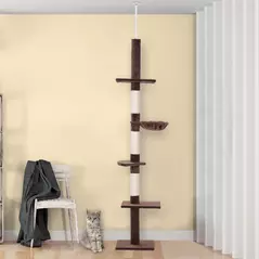 PawHut Floor to Ceiling Cat Tree 230-260cm Height Adjustable, 5-Tier Cat Tower with Scratching Posts, Hammock, Perches, Climbing Activity Centre for Indoor Kittens Playing and Relaxing, Brown - 2