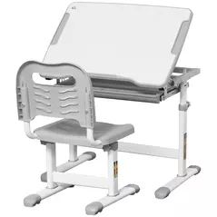 HOMCOM Kids Desk and Chair Set, Student Adjustable Writing Desk, with Drawer, Pen Slot, Hook - Grey - 1