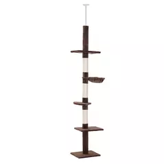 PawHut Floor to Ceiling Cat Tree 230-260cm Height Adjustable, 5-Tier Cat Tower with Scratching Posts, Hammock, Perches, Climbing Activity Centre for Indoor Kittens Playing and Relaxing, Brown - 1